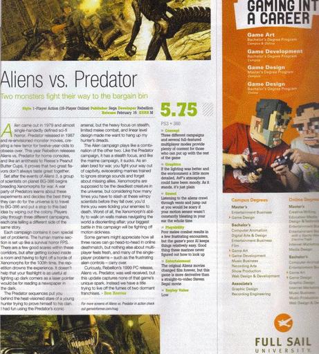 Aliens vs. Predator (2010) - Game Informer: Aliens vs Predator - 5.75/10
